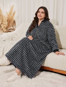 Lacomfia Minimalist Striped Plush Collar Long Sleeve Loose Regular Fit Plus Size Sweatshirt, Autumn/Winter - Multicolor - View 6