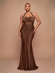 Glamrae Gaun Mermaid Tanpa Tali Leher V Dalam Seksi Elegan Romantis Ukuran Plus Warna Cokelat dengan Kain Rajut Elastis, Rumbai Berkerut, Hem Mermaid Pas Badan dengan Ekor, Cocok untuk Pernikahan, Pesta, Pesta Lajang, Liburan, Pesta Dansa, Gala Malam - Coklat - View 4