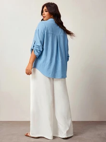Enliva Plus-Size Women's Three-Quarter Sleeve Button-Down Shirt, Suitable For Commuting Apple,Rounded Body - Blue - View 2