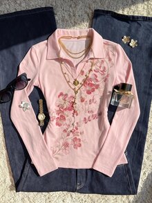 SHEIN EZwear 女款甜美花卉印花收腰長袖T恤 - 白色 - 查看 6