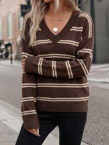 SHEIN LUNE Women's Casual V-Neck Striped Brown Colorblock Knit Sweater, Suitable For Autumn/Winter - Multicolor - View 5