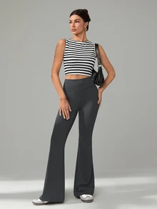 SHEIN Tall 女款高腰純色修身喇叭褲，時尚百搭 - 灰色 - 查看 3