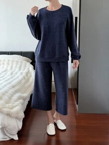 DAZY Women's Solid Color Long Sleeve Top And Pants Casual Daily Home Sleepwear Set - Navy Blue - View 11