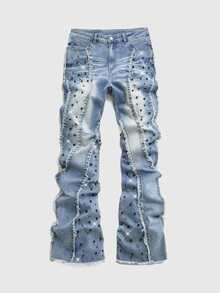 ROMWE MEN Street Life Men's Rivet Decor Frayed Hem Washed Distressed Fashion Personalized Jeans - Blue - View 1