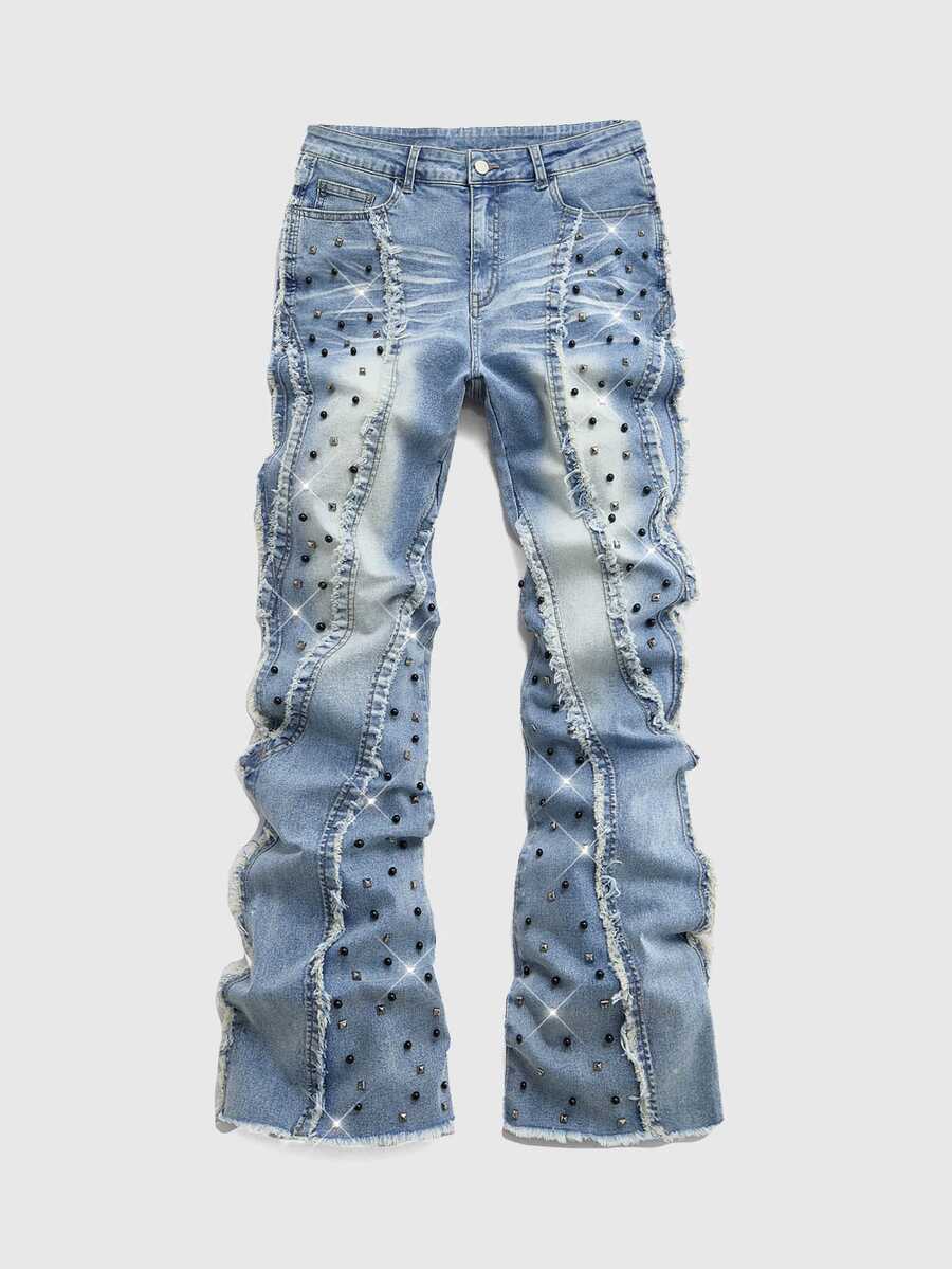 ROMWE MEN Street Life Men's Rivet Decor Frayed Hem Washed Distressed Fashion Personalized Jeans - Blue - View 1