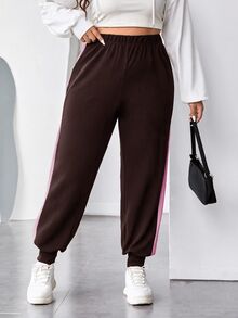 Muchica Plus Contrast Side Seam Sweatpants Graduation,Back To School Outfits,Graduation,Teacher Outfits For Women,Back To School - Chocolate Brown - View 5