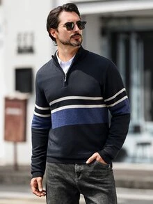 Manfinity Mode Men's Casual Patchwork Striped Knit Half-Zip Pullover Sweater - Navy Blue - View 7