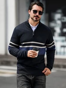 Manfinity Mode Men's Casual Patchwork Striped Knit Half-Zip Pullover Sweater - Navy Blue - View 4