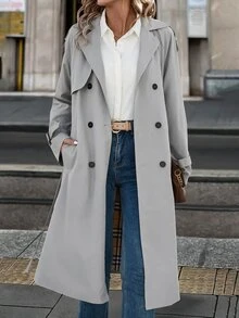 Editum 女款優雅法式插肩袖長袖雙排扣長版防水休閒風衣，秋季旅行商務辦公穿搭，卡其色 - 淺灰色 - 查看 8