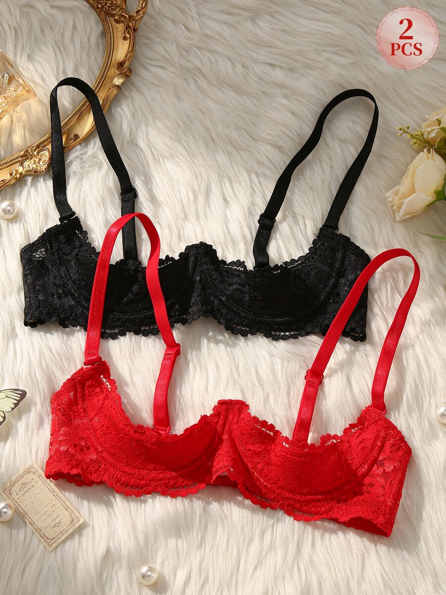 SHEIN 2pcs Lace Sexy Women's Bralettes - Multicolor - View 1
