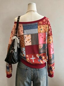 Collagica Collagica 女款寬領口圖案拼接長袖時尚運動衫 - 彩色 - 查看 2