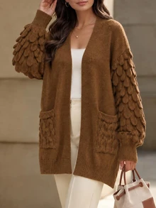 Penseblé Women's V-Neck Loose Knit Cardigan With 3D Fish Scale Texture, Puff Sleeves, Pockets, Slouchy Outerwear Sweater Jacket - Brown - View 3
