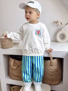 Young Boys Cute White Boys' Autumn Sweatshirt And Striped Athletic Set (2 Pieces Set) Suitable For Autumn And Winter - Multicolor - View 2