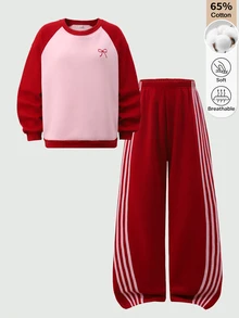 SHEIN 青少年女孩粉色與酒紅色拼接落肩袖圓領運動衫與側條紋寬腿運動長褲2件套，蝴蝶結印花圖案休閒運動服裝，適合日常穿著、運動、好友聚會，四季穿搭，秋冬款，抓絨加厚 - 彩色 - 查看 1
