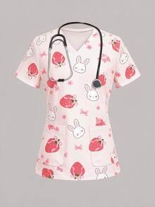 PopScrub Cute Pink Floral Bow Strawberry Rabbit Women's Scrub Top - Multicolor - View 1