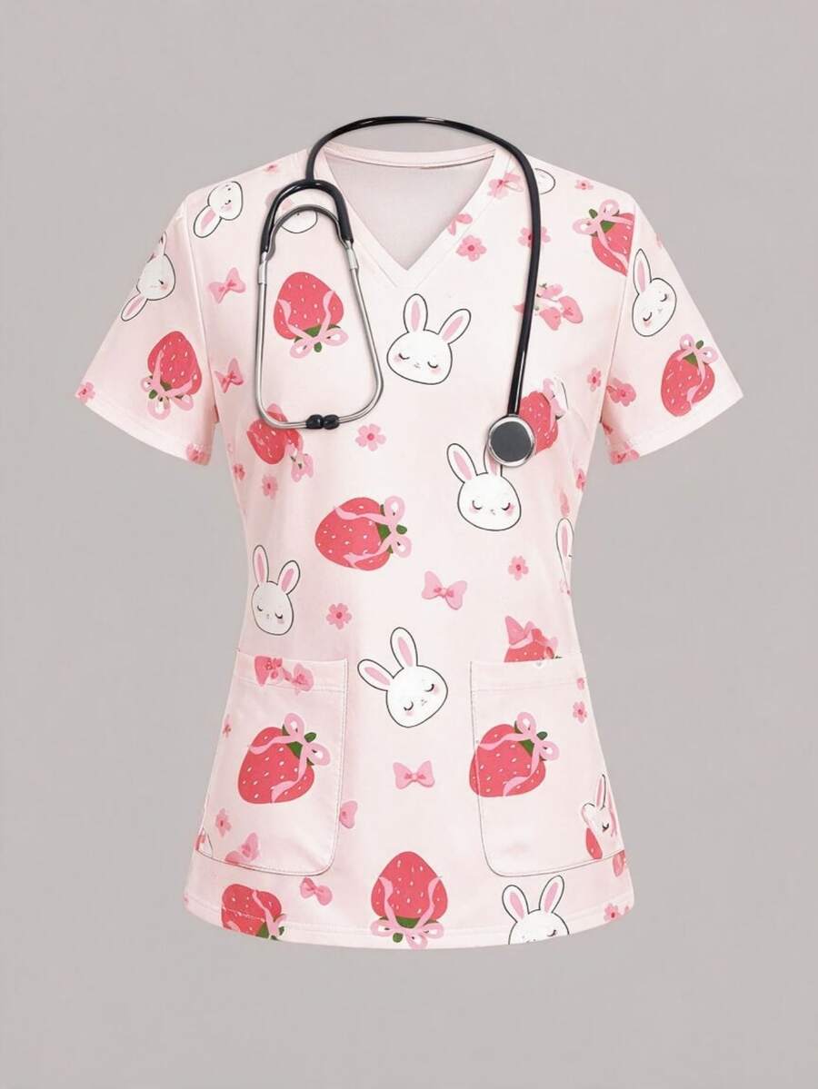 PopScrub Cute Pink Floral Bow Strawberry Rabbit Women's Scrub Top - Multicolor - View 1