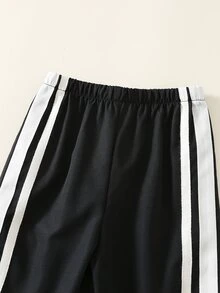 SHEIN 2件組嬰兒男童女童休閒學院風秋冬拼接織帶百搭舒適圓領長袖套頭上衣＋鬆緊腰長褲 - 黑色 - 查看 6