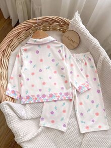 SHEIN 女嬰圓領長袖上衣與長褲休閒日常居家睡衣套裝 - 米色 - 查看 2