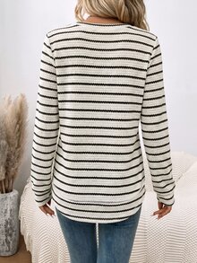 SHEIN LUNE Women's Casual Crew Neck Sweatshirt With Asymmetrical Hem, Textured Jacquard Striped Fabric, Suitable For Autumn/Winter - Olive Green - View 6