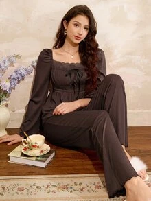 Côtesoire Elegant Mature Knit Women's Pajama Set, South France Style - Coffee Brown - View 1