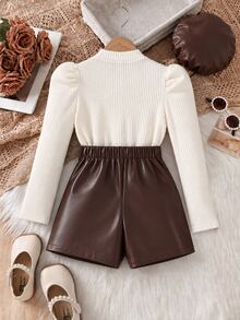 Tween Girls Elegant Brushed Ribbed Top & PU Leather Skort Outfit Set With Fashion Beret Hat For Fall - Apricot - View 2