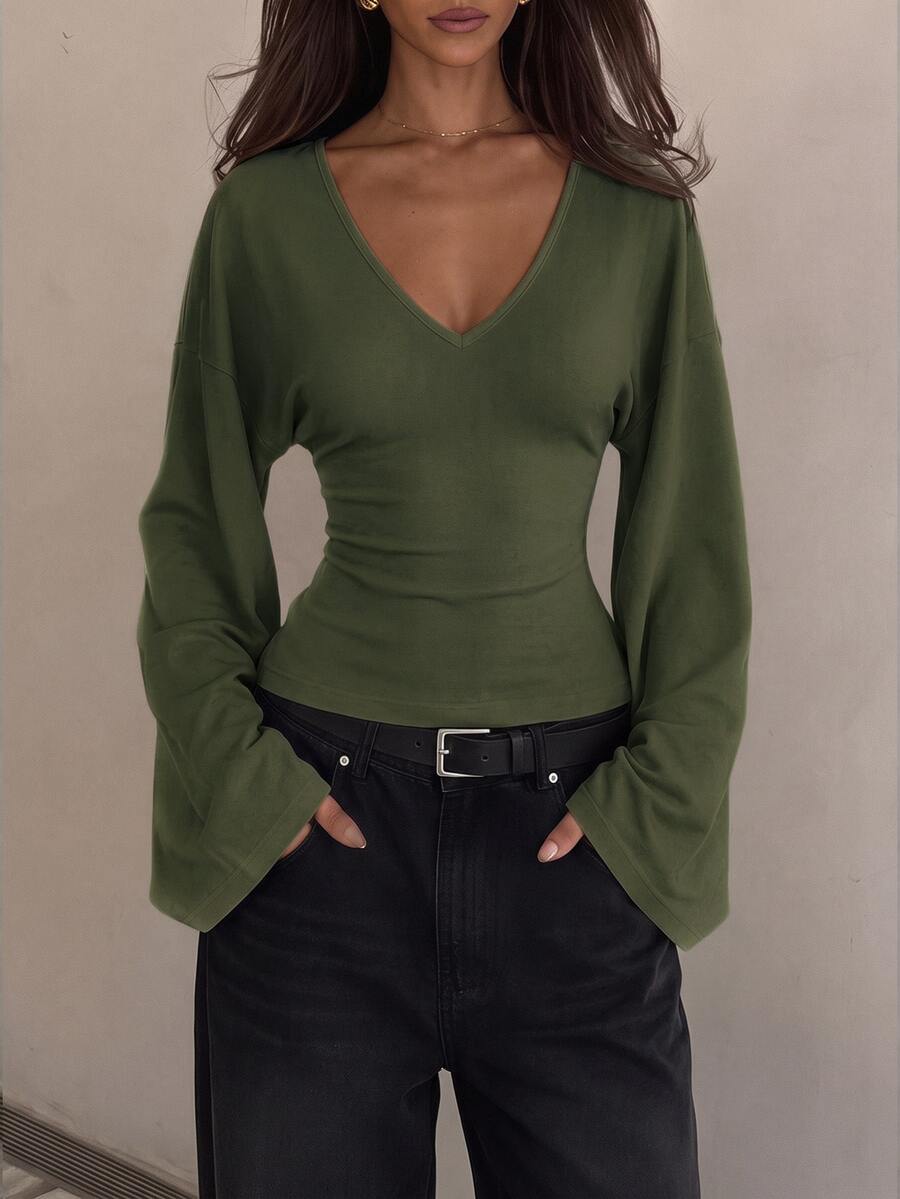 SHEIN Tall 女款休閒百搭純色喇叭袖上衣 - 軍綠色 - 查看 1