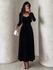 Modelyn Vintage Velvet Twisted Strap Dress With Beaded Short Cape, Cinched Waist And Flared Long Skirt, Party And Commute Outfit Velvet Black Fall/Winter - Black - View 7