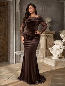Aureia Plus Size Brown Lace Patchwork Elastic Velvet Mermaid Elegant Asymmetrical Shoulder Evening Gown - Coffee Brown - View 6