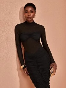 JIAN LASALA Black Mesh Long Sleeve Ruched Bustier Mock Neckline Long Dress Vacation Elegant Party - Black - View 7