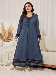 Lacomfia Plus Size Women's Loose Casual A-Line V-Neck Long Sleeve Patchwork Collar Cuff Hem Long Dress, Autumn - Navy Blue - View 6