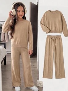 SHEIN Tween女孩秋冬休閒復古學院風卡其色落肩寬鬆針織長袖毛衣與長褲兩件套，適合時尚街頭穿搭與返校穿著 - 杏色 - 查看 8