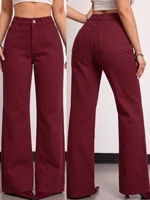 SHEIN Tall 女款高腰直筒寬鬆休閒百搭牛仔褲 - 酒紅色 - 查看 1