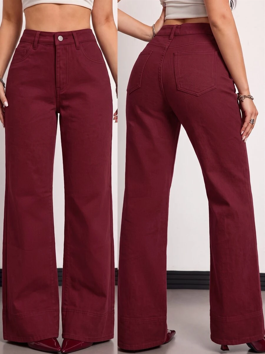 SHEIN Tall 女款高腰直筒寬鬆休閒百搭牛仔褲 - 酒紅色 - 查看 1