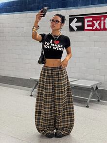 Nubod Plus Size American Vintage Brown Plaid Elastic Waist Wide Leg Casual Long Pants, Plus Size Pants - Multicolor - View 7