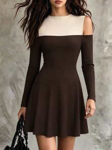 Selianne Design Contrast Color 2 In 1 Cold Shoulder Knit Dress With Semi-High Neck, Long Sleeve, Cinched Waist, A-Line Silhouette, Coffee Brown, Slimming Fit - Multicolor - View 7