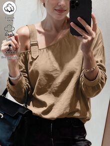 Weeklong 女款大尺碼秋冬休閒不對稱肩長袖棉感寬鬆襯衫 - 卡其色 - 查看 4