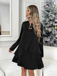Easowa Gaun Pendek Kasual Lengan Panjang Wanita - Hitam - View 4
