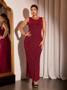 Cravure Plus Size Metallic Glitter Fabric Round Neck Sleeveless Dress Elegant For Outing Date Party Evening Event - Burgundy - View 4