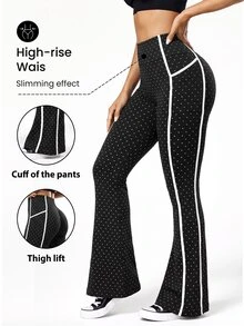 Easithlete Easithlete Women's Polka Dot Patchwork Print Flared Leg Sports Comfy Baggy Pants Gym Running Black And White Winter - Black - View 2