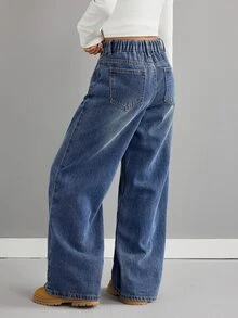 SHEIN 女童復古藍色牛仔寬鬆低腰長褲 - 深色水洗藍 - 查看 2