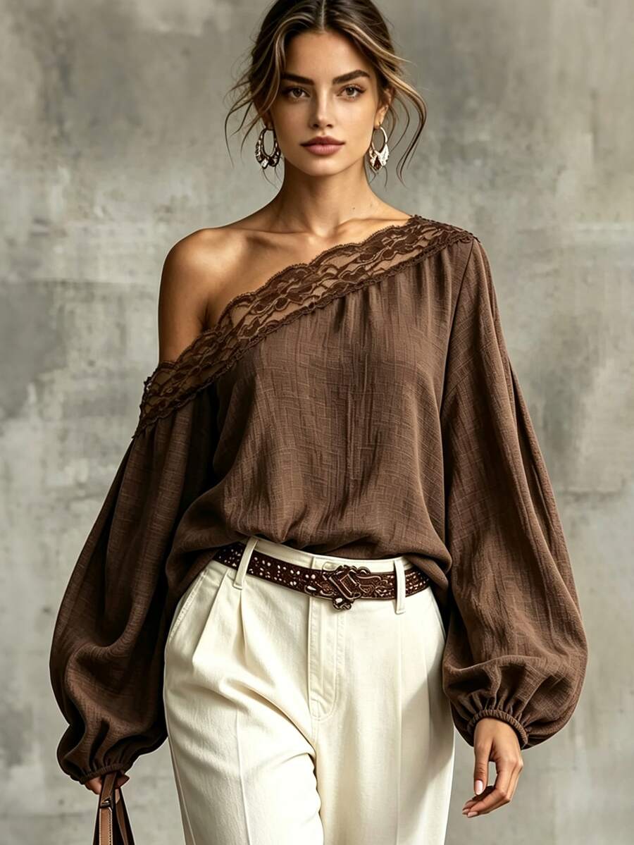 Glimmora Atasan Fashion Wanita dengan Bahu Asimetris dan Hiasan Renda. - Coklat - View 1