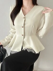 FRIFUL Women's V-Neck Casual Versatile Daily Outing Long Sleeve Jacket - White - View 3