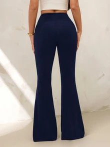 SHEIN PETITE Women's Solid Color High Waist Casual Versatile Daily Flare Pants - Navy Blue - View 2