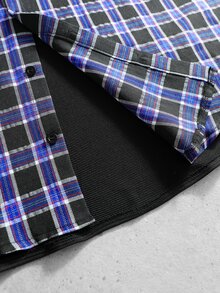ROMWE MEN Men's Fashion Patchwork Blue & Purple Plaid 2 In 1 Long Sleeve Pullover T-Shirt - Black - View 9