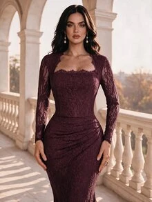 Coutiva 女款蕾絲抓皺長袖魚尾晚禮服洋裝 - 酒紅色 - 查看 4