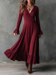 LUMIGAL Women's Autumn/Winter Long Sleeve V-Neck Flared Dress - Burgundy - View 4
