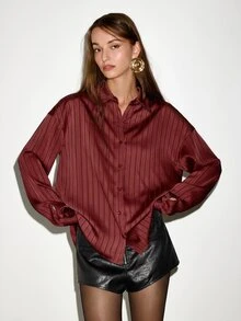 MOTF PREMIUM FRENCH STRIPED DROP SHOULDER LOOSE SHIRT - Burgundy - View 5