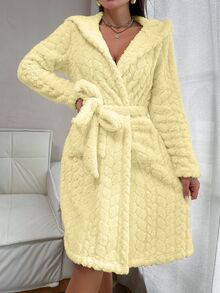 SHEIN 女款毛絨提花動物耳連帽前開襟睡袍 - 黃色 - 查看 4
