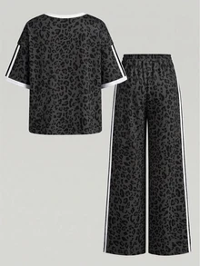 Tween女孩圓領落肩T恤＋寬鬆直筒長褲 2件套校園風套裝 - 白色 - 查看 4