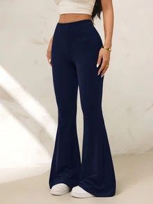 SHEIN PETITE Women's Solid Color High Waist Casual Versatile Daily Flare Pants - Navy Blue - View 3